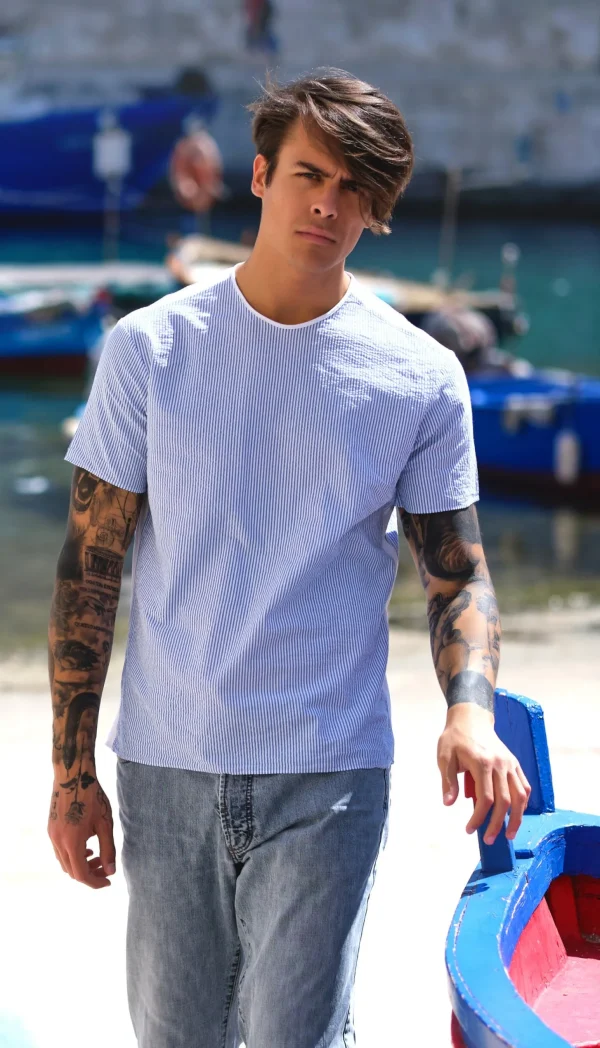t-shirt in cotone rigato goffrato bianco azzurro made in Italy tshirt in cotone inserti bianchi