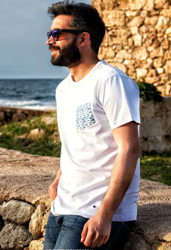 T-shirt made in italy basic con taschino fantasia fish 100% cotone jersey pettinato -MODELLO fisherman-"