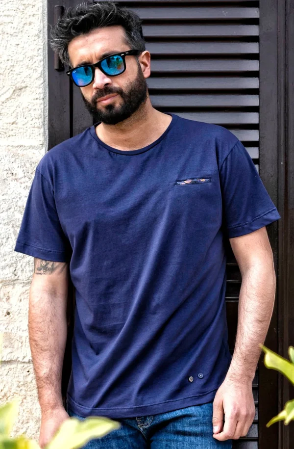 T-shirt made in italy basic con inserto fantasia 100% cotone jersey pettinato "MODELLO POCHETTE"