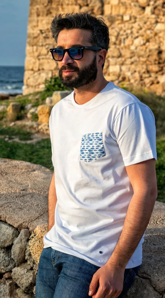T-shirt made in italy basic con taschino fantasia fish 100% cotone jersey pettinato -MODELLO fisherman-"