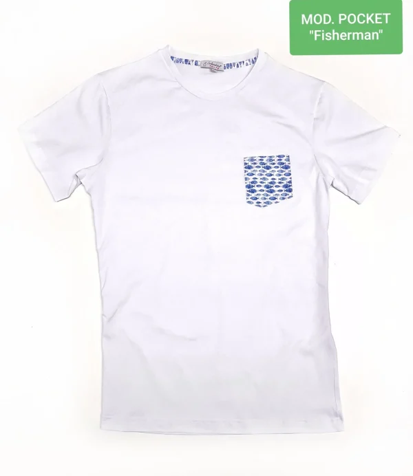 T-shirt made in italy basic con taschino fantasia fish 100% cotone jersey pettinato -MODELLO fisherman-"