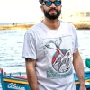 T-shirt made in Italy Fantasia FIsh-white 100% fresco cotone jersey design Fish white