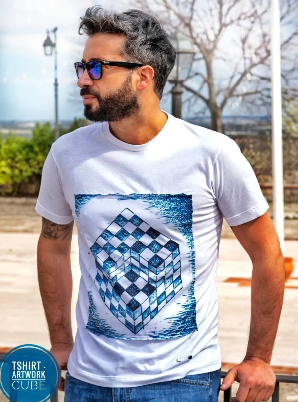 T-shirt made in Italy Fantasia Cube 100% fresco cotone jersey pettinato design cube