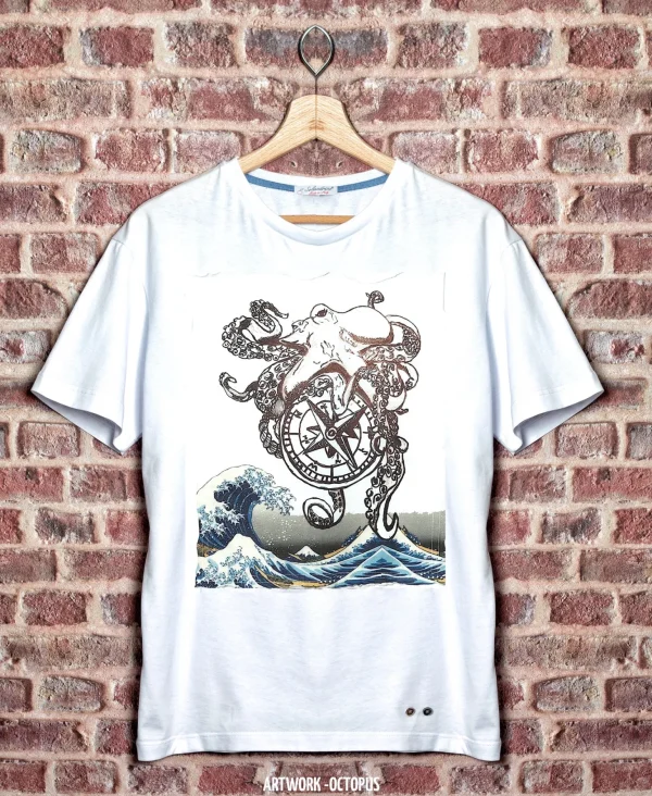 T-shirt made in Italy fantasia OCTOPUS  100% cotone jersey pettinato -DESIGN OCTOPUS-