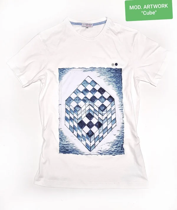 T-shirt made in Italy Fantasia Cube 100% fresco cotone jersey pettinato design cube