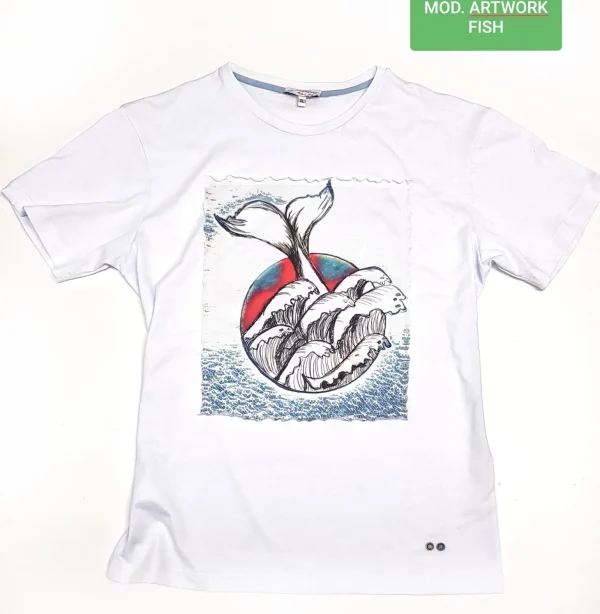 T-shirt made in Italy Fantasia FIsh-white 100% fresco cotone jersey design Fish white