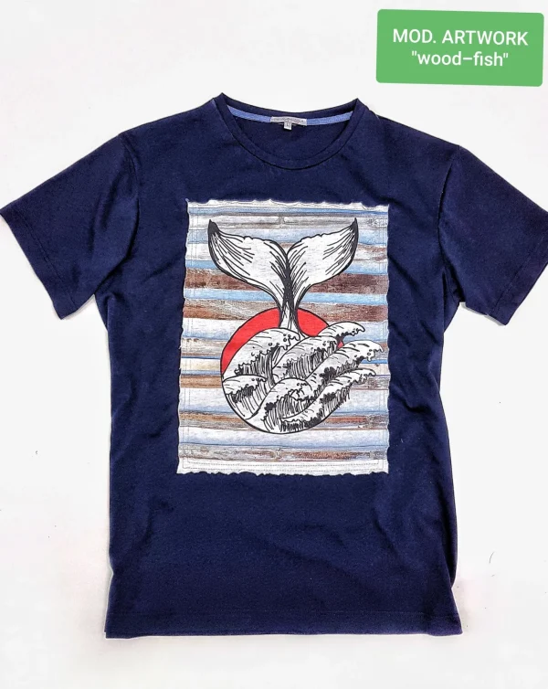 t-shirt made in Italy Fantasia wood-fish 100% fresco cotone jersey design wood-fish