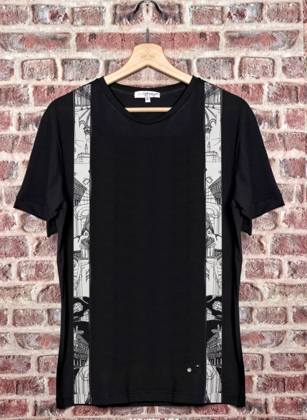 T-shirt Nera con inserto fantasia made in italy 100% cotone jersey pettinato - MODELLO BRETELLA STRAP Monument -