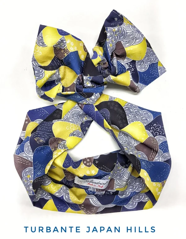 Turbante fantasia giallo blu  Fashion in cotone fascia capelli design japan hill hairband Made in Italy