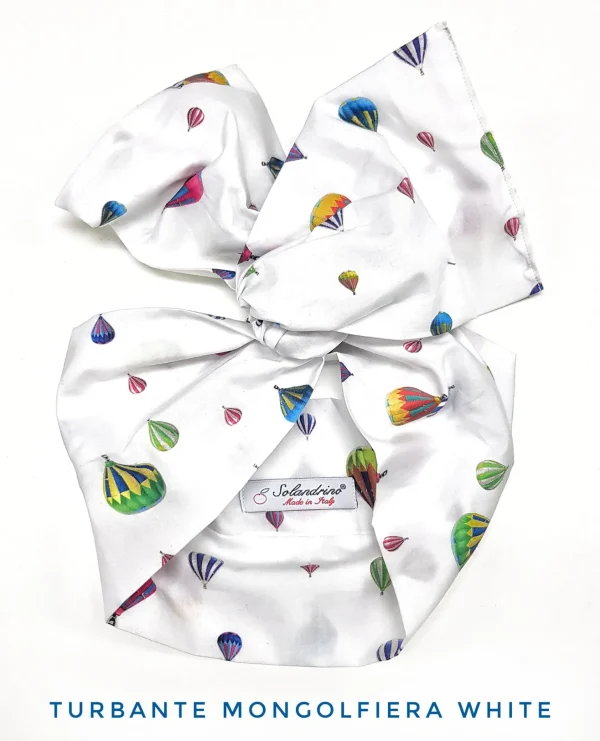 Turbante fantasia mongolfiera bianca  Fashion fascia capelli in cotone design hot air balloon White  hairband Made in Italy