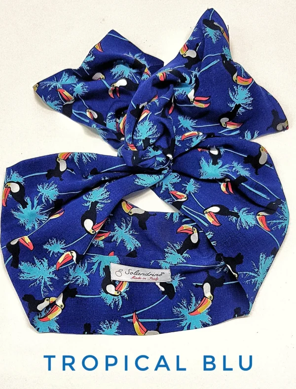 Turbante Fashion in cotone fascia capelli design tropical blu tucano made in Italy