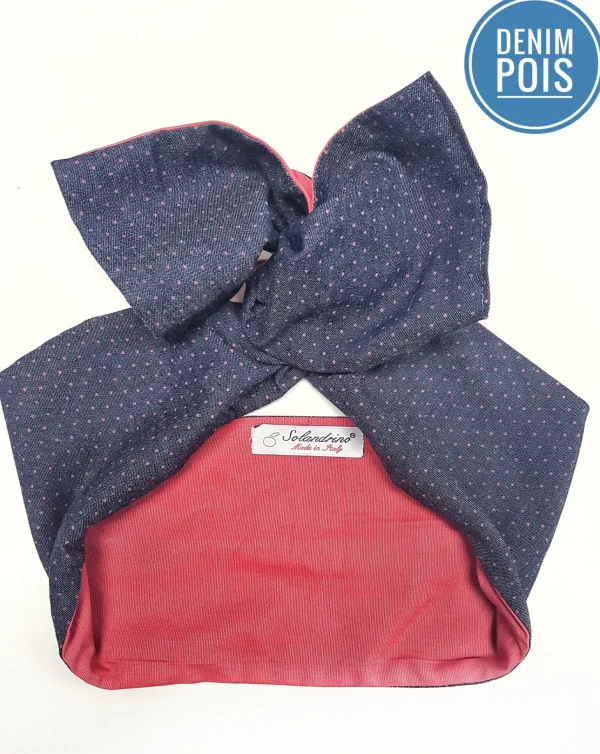 Turbante Fashion in cotone design DENIM POIS double face rosso in Italy