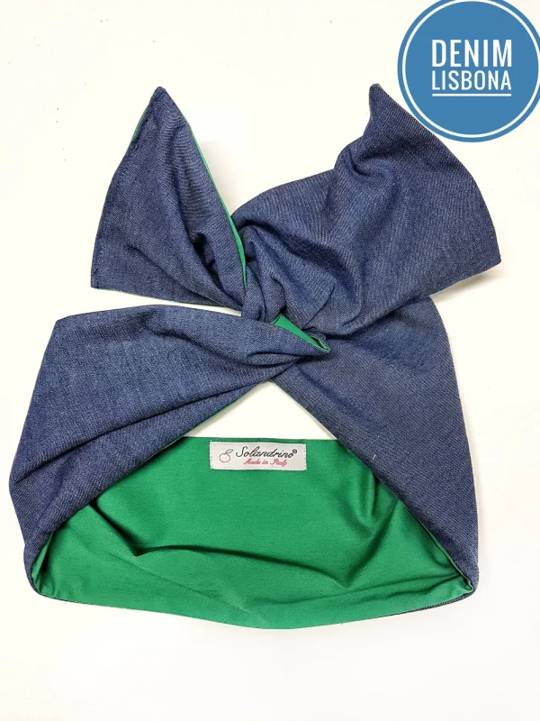 Turbante Fashion in cotone blue Denim Lisbona verde Made in Italy