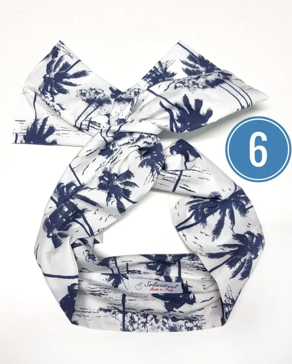 Turbante Fashion in cotone Fantasia design palms blue 6 white  Made in Italy