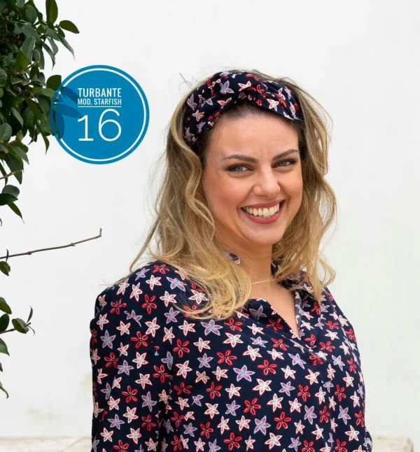 Turbante Fashion in cotone Fantasia design starfish 16 rosso - blu  Made in Italy