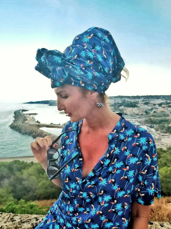 Turbante Fashion in cotone fascia capelli design tropical blu tucano made in Italy
