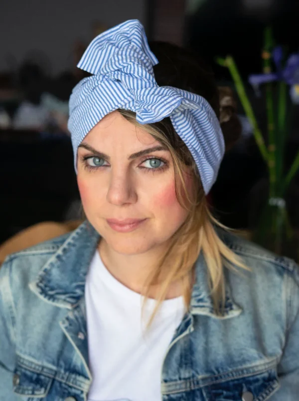 Turbante Fashion in cotone Fantasia rigata design goffrato azzurro 31 Made in Italy