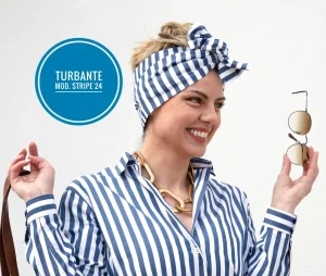 Turbante Fashion in cotone Fantasia design fascia bianco blu 24 Made in Italy