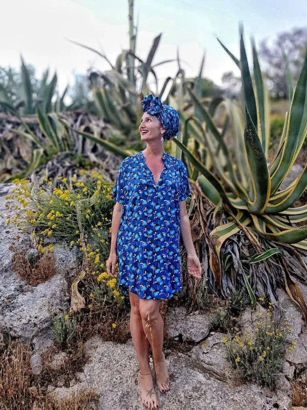 Turbante Fashion in cotone fascia capelli design tropical blu tucano made in Italy