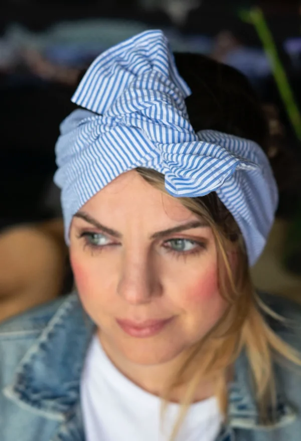 Turbante Fashion in cotone Fantasia rigata design goffrato azzurro 31 Made in Italy