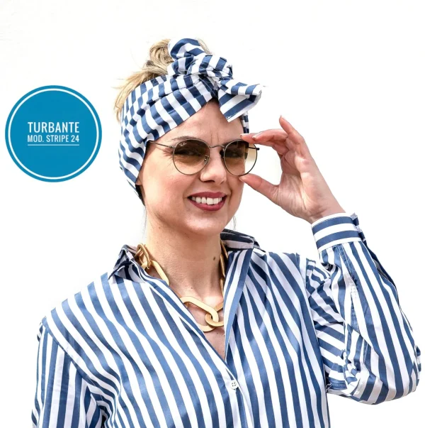 Turbante Fashion in cotone Fantasia design fascia bianco blu 24 Made in Italy