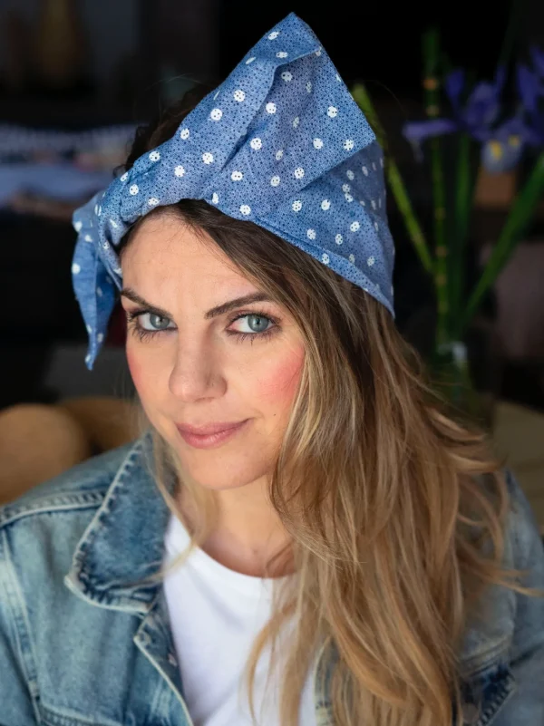 Turbante Fashion in lino Fantasia rigata design pois azzurro 32 Made in Italy