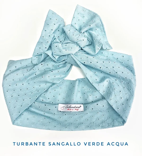 Turbante in Sangallo verde acqua Fashion traforato fascia capelli in cotone design made in Italy striped