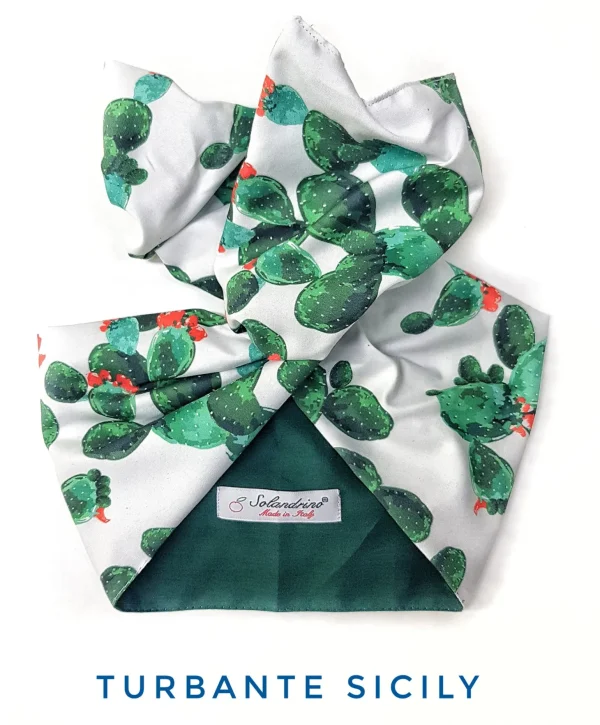 Turbante Sicily fico d'india bicolore bianco verde  Fashion in cotone fascia capelli design double face made in Italy