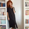 VESTITO LUNGO Donna Lino NERO camicione Vestito collo FINAM  made in italy dress shirt