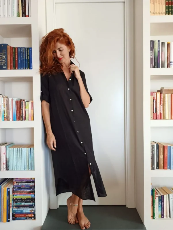 VESTITO LUNGO Donna Lino NERO camicione Vestito collo FINAM  made in italy dress shirt