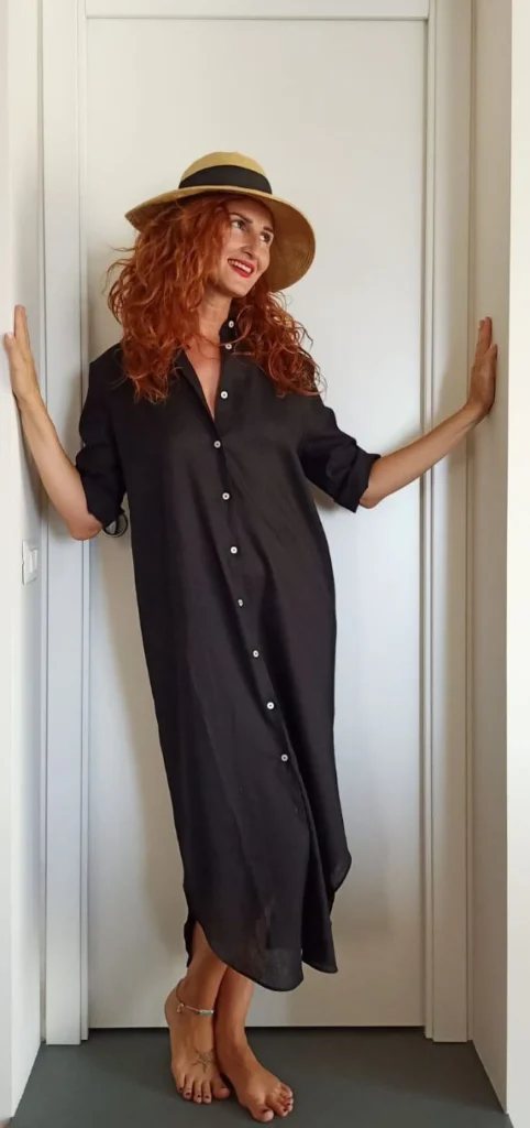 VESTITO LUNGO Donna Lino NERO camicione Vestito collo FINAM  made in italy dress shirt