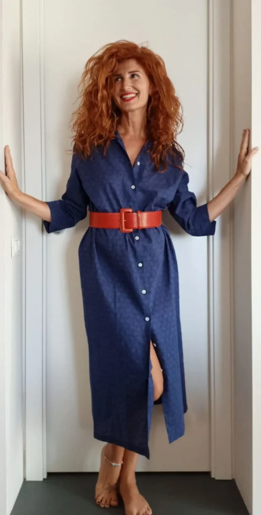 VESTITO LUNGO Donna Lino blu camicione Vestito collo FINAM  made in italy dress shirt