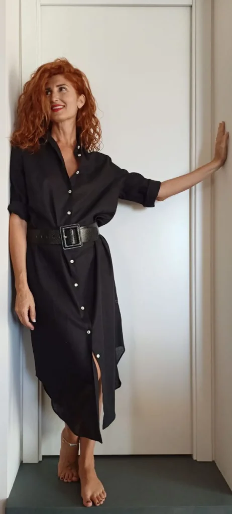 VESTITO LUNGO Donna Lino NERO camicione Vestito collo FINAM  made in italy dress shirt
