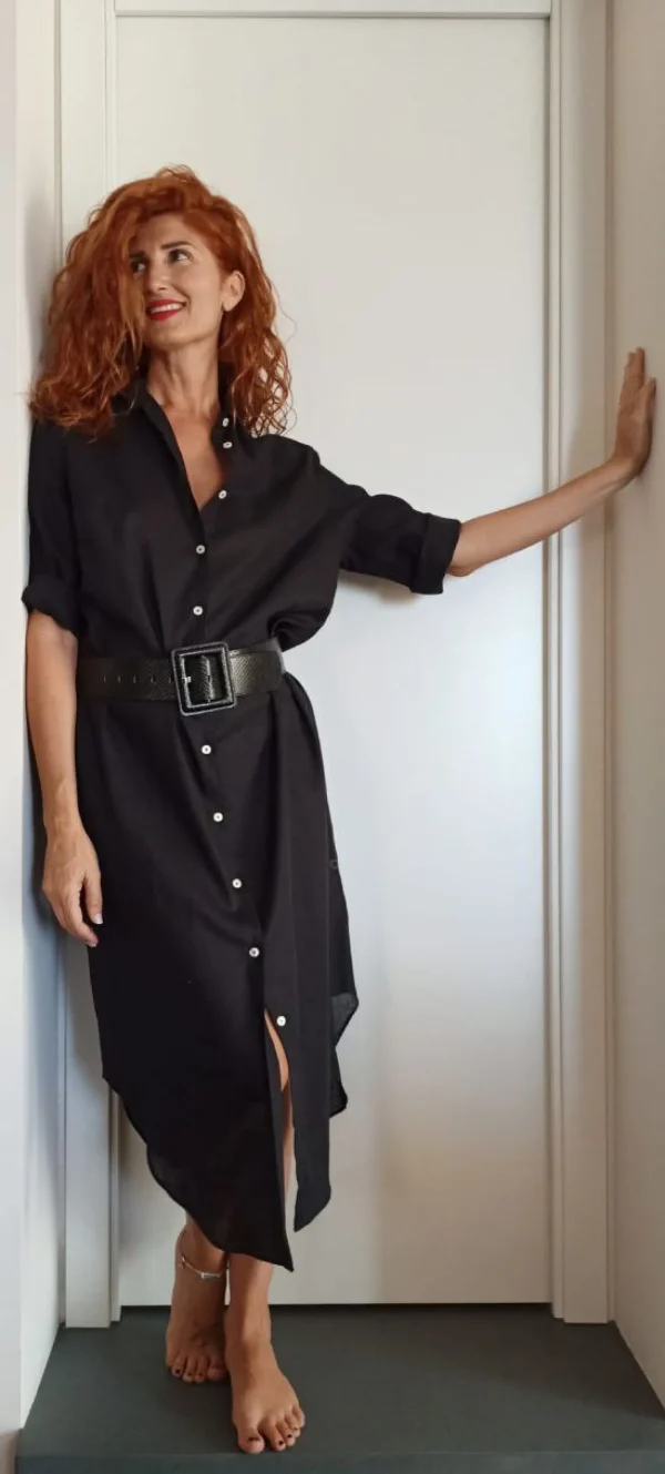VESTITO LUNGO Donna Lino NERO camicione Vestito collo FINAM  made in italy dress shirt