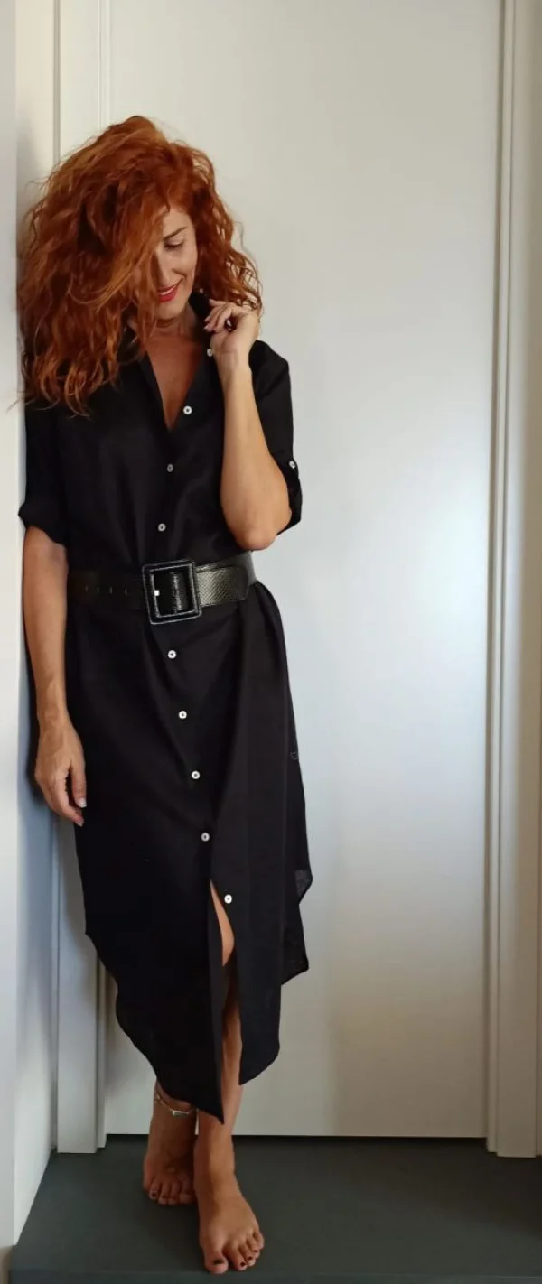 VESTITO LUNGO Donna Lino NERO camicione Vestito collo FINAM  made in italy dress shirt