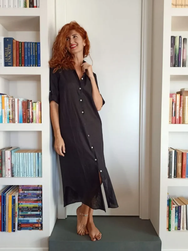VESTITO LUNGO Donna Lino NERO camicione Vestito collo FINAM  made in italy dress shirt