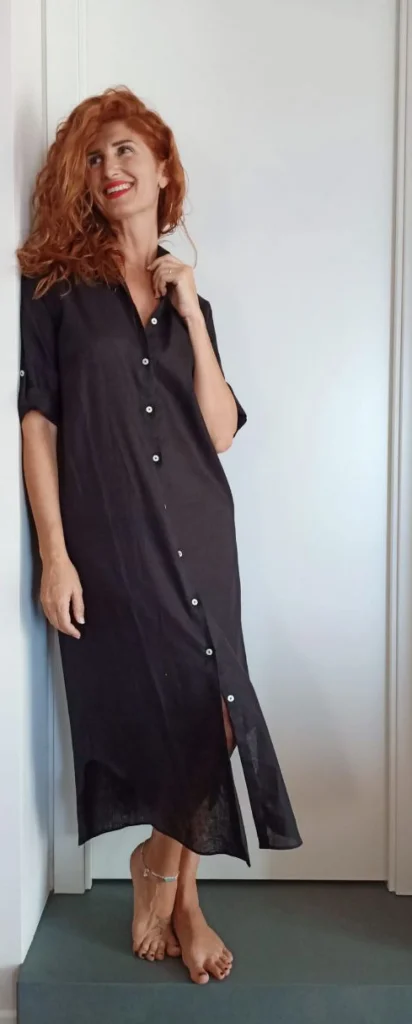 VESTITO LUNGO Donna Lino NERO camicione Vestito collo FINAM  made in italy dress shirt