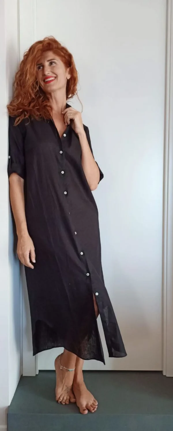 VESTITO LUNGO Donna Lino NERO camicione Vestito collo FINAM  made in italy dress shirt