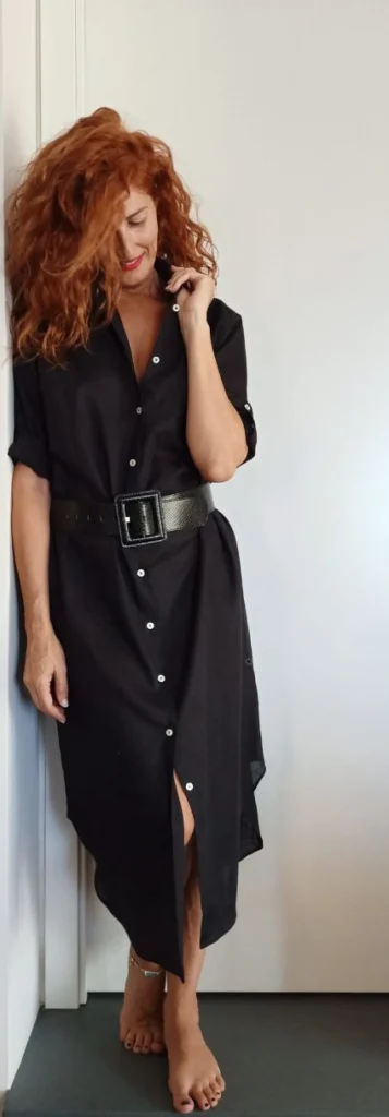 VESTITO LUNGO Donna Lino NERO camicione Vestito collo FINAM  made in italy dress shirt